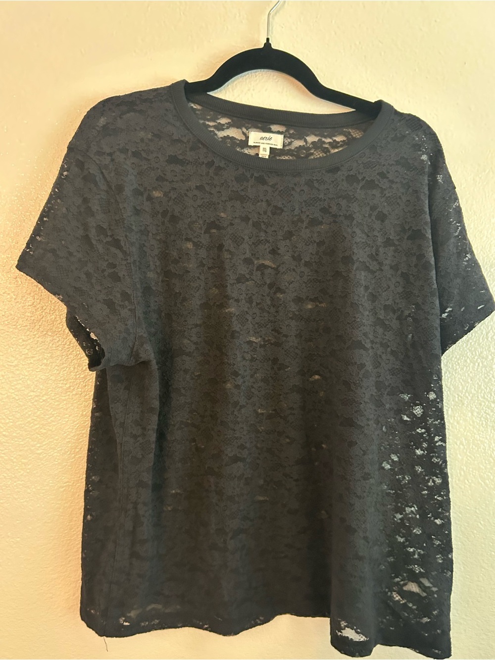 aerie Black Sheer Floral Lace Short Sleeve Tee Top